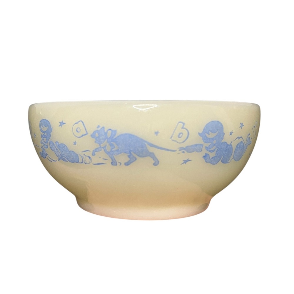 ANCHOR HOCKING FIRE KING RARE BABY BOWL BLUE W/CRAWLING BABY‎ CHILDS 5" CEREAL
